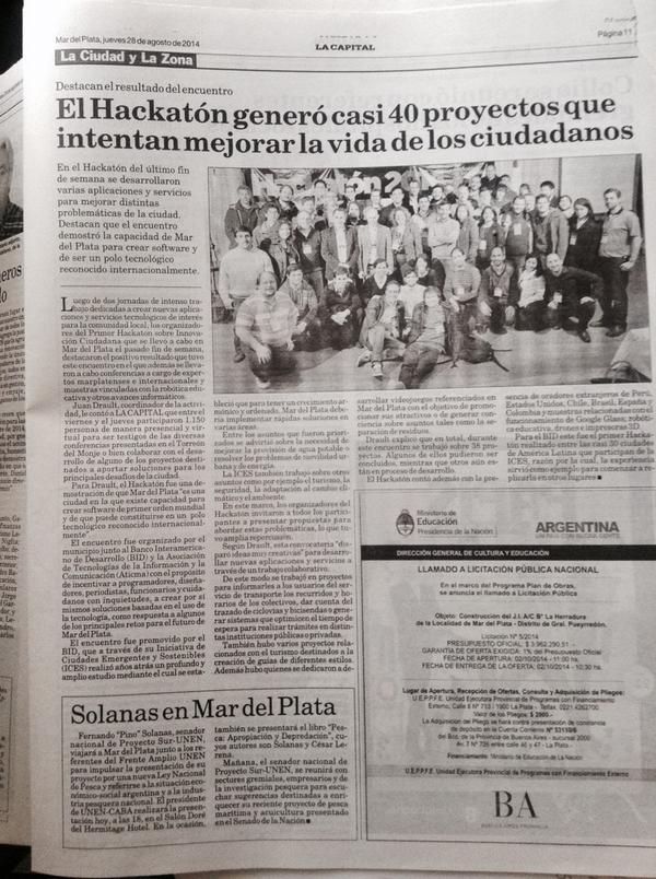 La nota en <a href="/lacapitalmdq/">Diario La Capital Mar del Plata</a> del <a href="/hackatonmdp/">Hackatón MDP 2014</a>. Página completa! Muy buena.