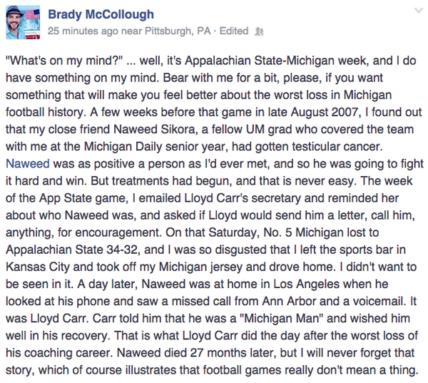 stephenjnesbitt's tweet photo. Here, in one tidy post, is @BradyMcCollough's story of what Lloyd Carr did the day after losing to App. State. http://t.co/zmM07ZMmlb