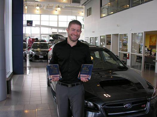 Asst. Sales Manager Richard Birza proudly displays the 2014 Top Safety Pick+award for subaru vehicles @Subaru_Canada