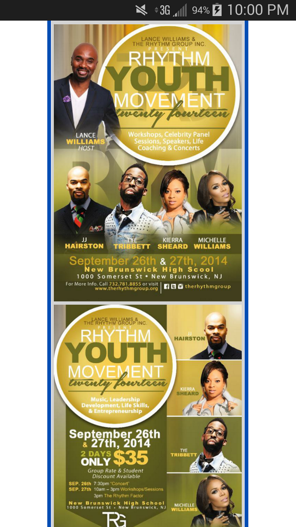- <a href="/rhythm_group/">The Rhythm Group Inc</a> youth movement september 26th-27th f/ <a href="/TyeTribbett/">Tye Tribbett</a> <a href="/kierrasheard/">Kierra Sheard</a> <a href="/JJ_Hairston/">JJ Hairston</a> and <a href="/RealMichelleW/">Michelle Williams</a>