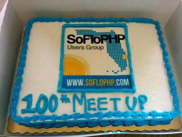 SoFloPHP's tweet image. Celebrating 100th meetup tonight! #soflophp #cake