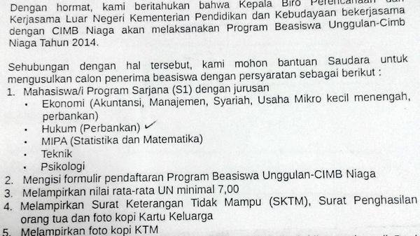 Penawaran beasiswa CIMB Niaga untuk mahasiswa baru. Paling lambat 31 Agustus 2014 cc <a href="/PPSMB_MERDEKA/">PPSMB FH UGM 2014</a>