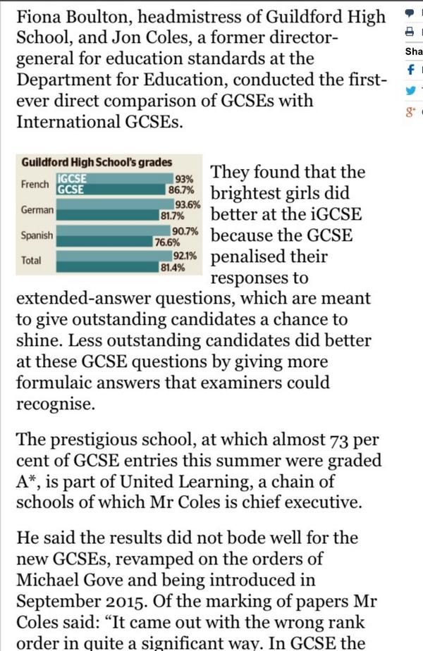 Heatherleatt's tweet photo. Drilling down into IGCSE &amp; GCSE results in high performing school shows top performers did less well in GCSEs. Times. http://t.co/lNMFyMvxz3
