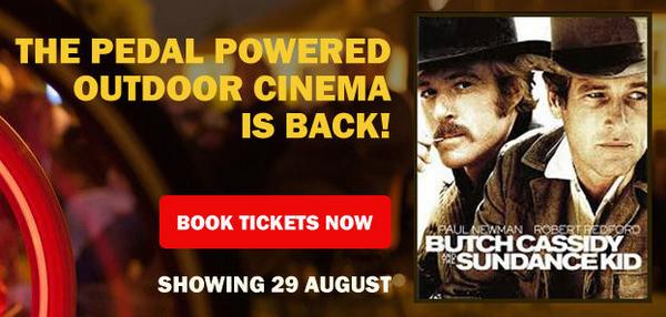 Bicycle-powered screening of Butch Cassidy &amp; Sundance Kid! bit.ly/18oHaYv <a href="/ActionBikes/">Action Bikes</a> for <a href="/BicycleCharity/">Re-Cycle</a>