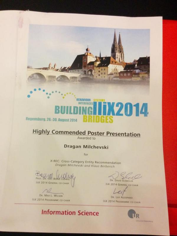 Agandrau's tweet photo. Thank you @IIiX2014 for the Highly Commended Poster/Demo Presentation award. #iiix2014 #xrec http://t.co/fUNlrxYHfs