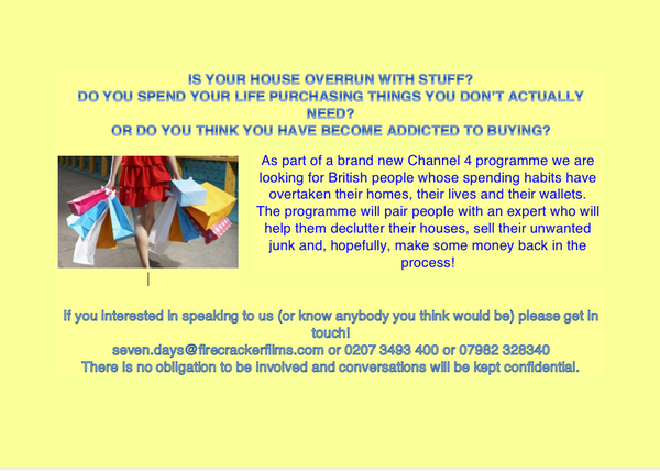 NFirecracker's tweet photo. @CJM_Asset #FirecrackerFilms are looking for #Shopaholics and #Collectaholics for a #Channel4 documentary! Please RT http://t.co/VTH7ZLEbAj
