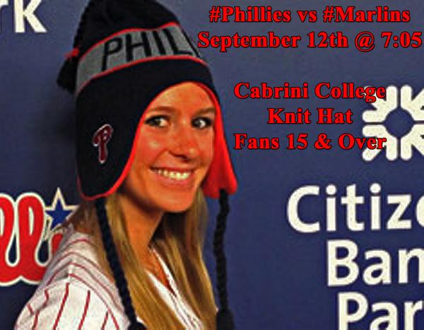 Phillies's tweet photo. Stay warm this winter with a Cabrini College Knit Hat for fans 15 &amp; over on 9/12! http://t.co/ImvziAKv6E http://t.co/y067VWgZjo