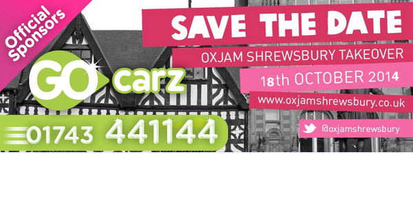 GoCarzTaxis's tweet photo. GO CARZ ARE PLEASED TO ANNOUNCE .... "WE ARE THE OFFICIAL SPONSORS OF THE OXJAM SHREWSBURY TAKEOVER" ALL for charity! http://t.co/lOQjGHPeg3