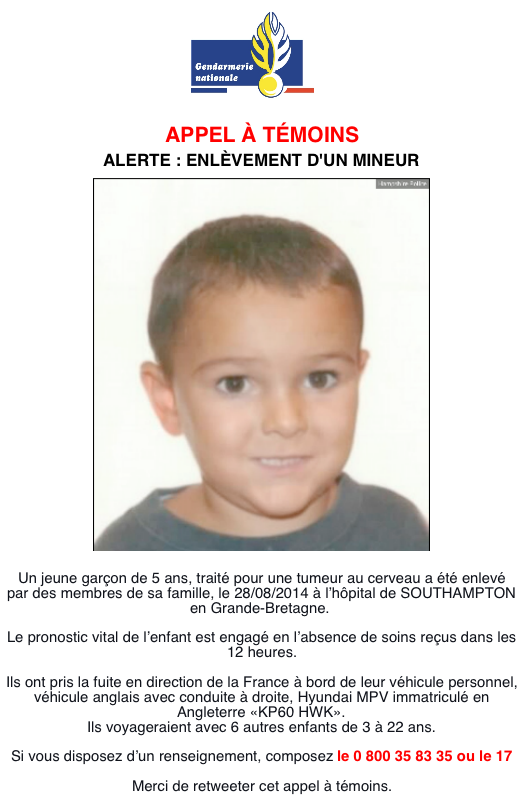 Gendarmerie's tweet photo. ❗#AppelATemoins pour retrouver Ashya King 5 ans et sa famille #FindAshya #PleaseRT http://t.co/MZmiHjNOnk
