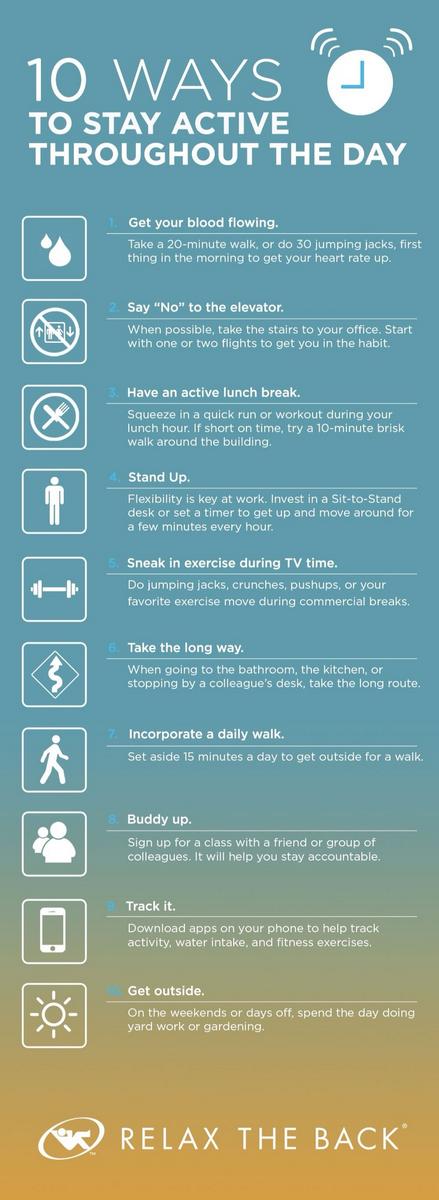 ActiveWorking's tweet image. Infographic. 10 ways to stay active throughout the day #sitless #sittingcalculator #standup #ACTIVEworking