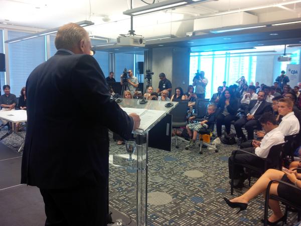 TorontoRobFord's tweet photo. It's great to be talking to the talented young minds at the Bay Street Boot Camp event today. #Toronto #TOpoli http://t.co/eyTPIlbV6Q