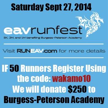 Wakamo_Assoc's tweet photo. We are proud sponsors!  If 50 runners register using code "wakamo10". We will donate $250 to @BurgessPeterson #eav http://t.co/kW0n6cok84