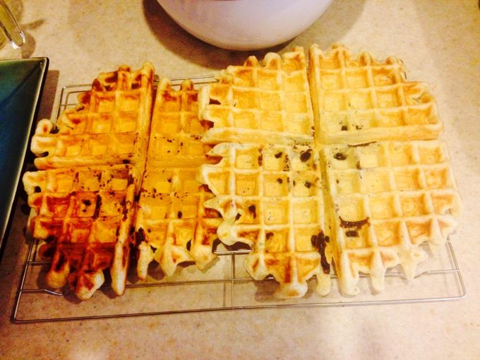 First time blueberry waffles, Def need more berries than recipe calls for but stil delish and not burned