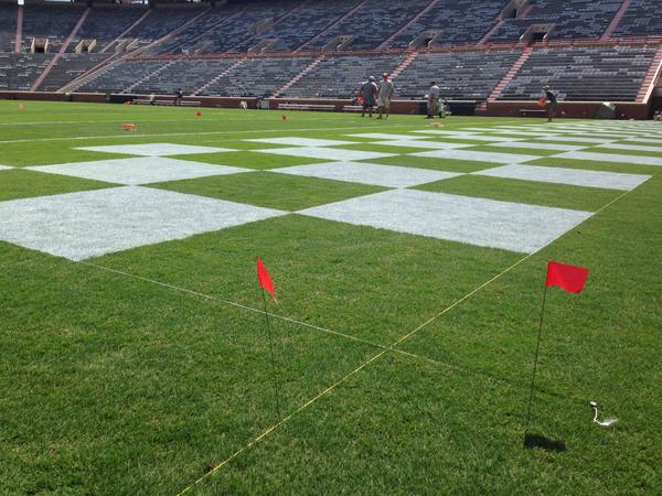 6News's tweet image. RT @Vol_Photos Gameday field prep is underway. The checkerboards are going down! #ItsFootballTime