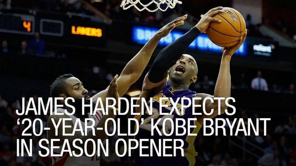 theScore's tweet photo. VIDEO: James Harden expects a ’20-year-old Kobe' when Bryant returns this season. http://t.co/uX24C5wYRO http://t.co/coECJiDxE8