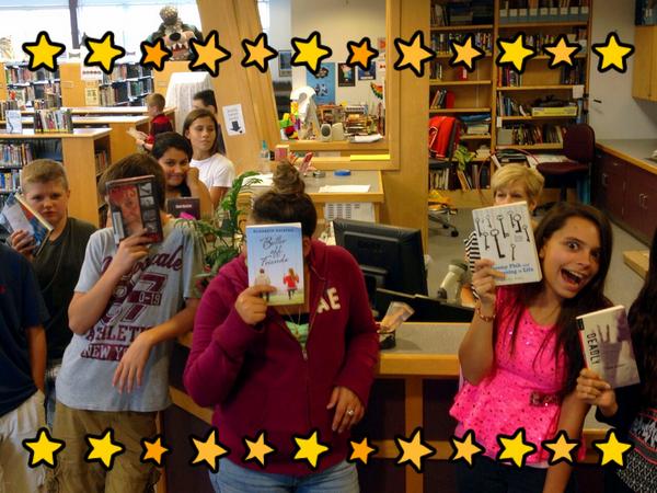 BairdMSLibrary's tweet image. A long line to check out books is a good sign.