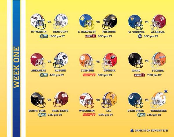 secroundup's tweet photo. Don't Miss a game Saturday! http://t.co/iribgdT4oe