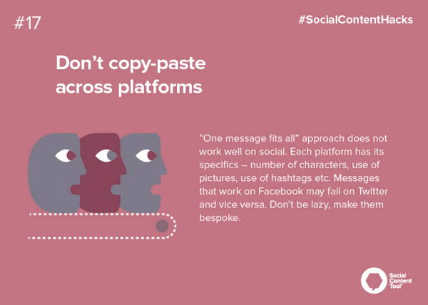 SCTapp's tweet image. #SocialContentHacks: Don't copy paste messages across platforms, make them bespoke. #socialmedia #contentmarketing