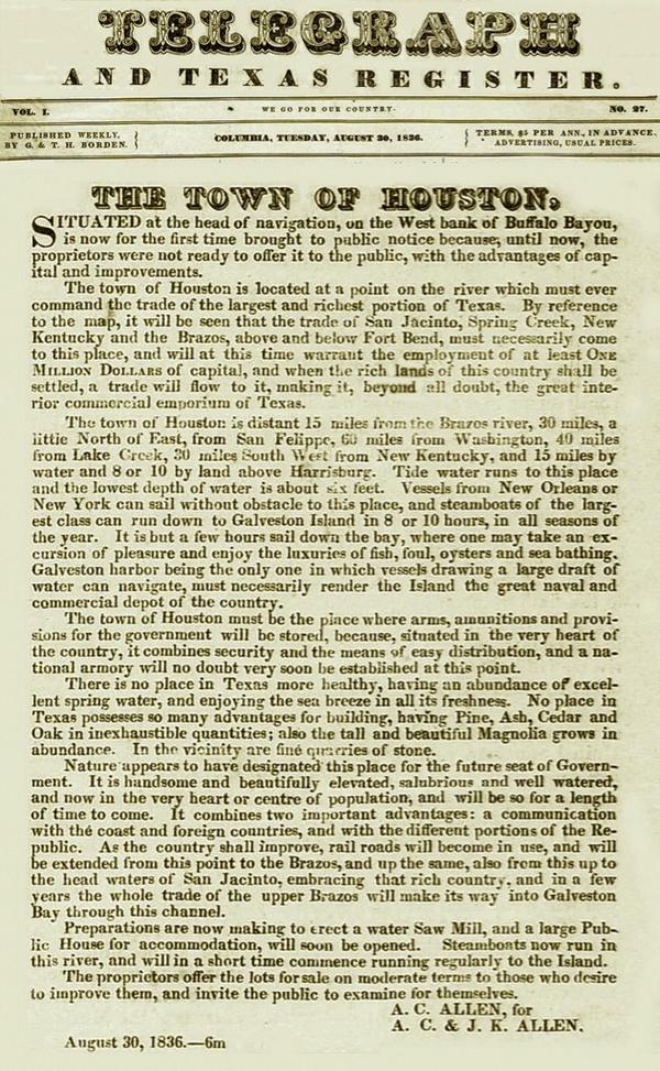 Today in 1836, Houston is born when land speculators Augustus &amp; John Allen advertise for their Town of Houston.
