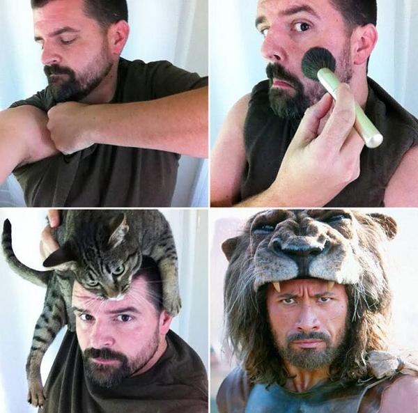 TheRock's tweet photo. Nailed it. #KittyOnTheHead http://t.co/3wRQchbeom