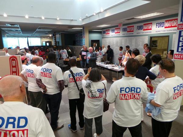 2014MayorFord's tweet photo. Speaking with volunteers at the campaign office before heading out to some festivals today #Toronto #TOpoli http://t.co/Xz0fYBN1uC