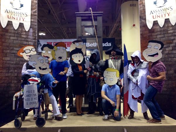 UbisoftCanada's tweet photo. An epic group pic with some hilarious cosplayers and two Assassins. Only at #FanExpoCan! #UnityExperience http://t.co/Xd6FcxN1dZ