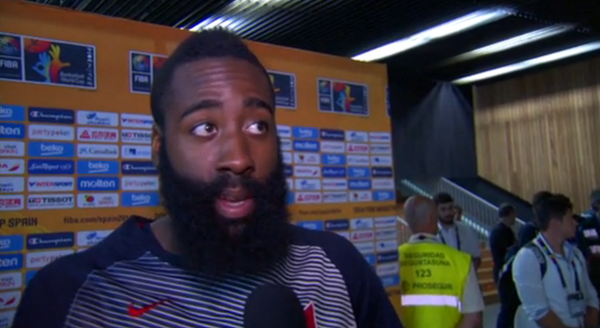 NBAcom's tweet image. James Harden speaks with @SekouSmithNBA after Team USA's 114-55 win over Finland: on.nba.com/1B5OBjE #Spain2014