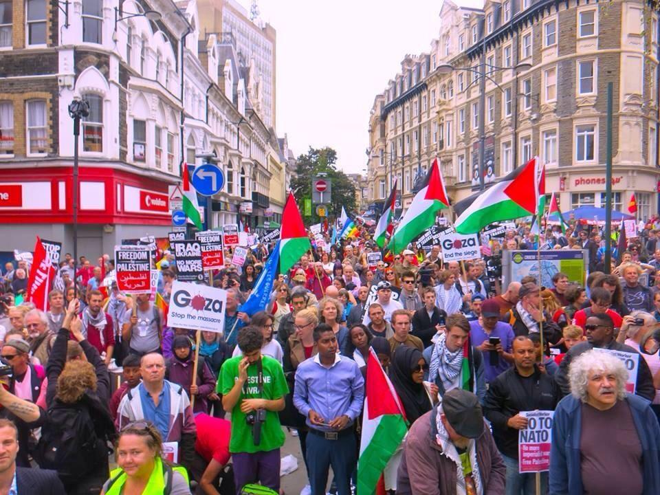 A crowd filling a street. There are placards and Palestinian flags