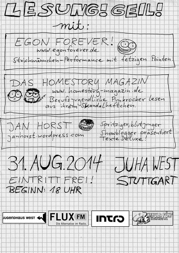 HEUTE IM JUHA WEST! LESUNG! GEIL! EINLASS: 18 Uhr / BEGINN: 18:30 Uhr - EINTRITT: FREI