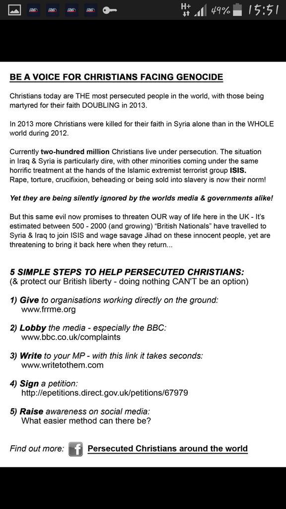 IsraelAlways's tweet photo. Speak out for #Christians facing genocide. #LifeUnderTerror #ISIS http://t.co/YesjvHiF3d