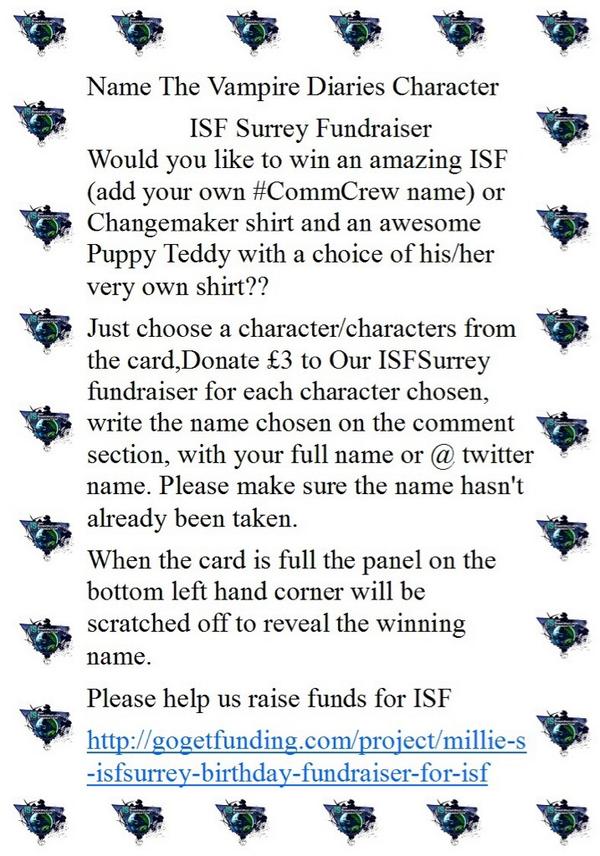 BekkiVMeek's tweet photo. Please help us @ISF_Surrey raise funds for #ISF, have a chance to win these!£3 per TVD name http://t.co/fPu0Vr0ybE RT http://t.co/HkVe3uTdkr