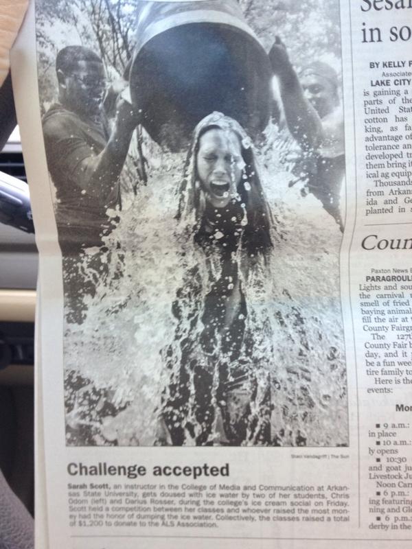 SMayberryScott's tweet photo. Thanks @TheSunJonesboro for coverage of Friday's #IceBucketChallenge! #prscott #ocscott @astatecomm @Chrisodom93 http://t.co/CLzASCjeJr