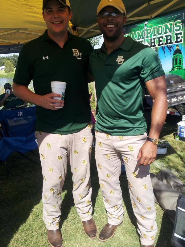 regina_dennis's tweet image. These guys win for best BU fan apparel. Dig those pants! #McLaneKickoff #SicSMU