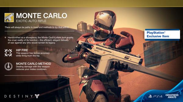 PlayStation's tweet image. Destiny: exotic rifle Monte Carlo is coming exclusively to PlayStation owners on 9/9: bit.ly/1vC112D