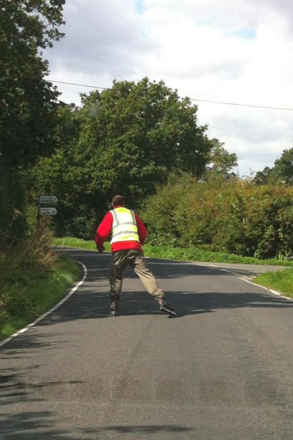 Harry_Crouch's tweet photo. Saw this demon of a rollerblader in the lanes around Cranbrook yesterday #HighVisJacket #SafetyFirst #NeverTooOld http://t.co/py0wvCrJtb