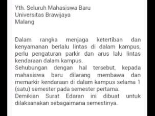 DPM FIA UB 2014 (@dpmfia_2014) on Twitter photo Surat edaran rektor, maba dilarang membawa dan memarkir kendaran didalam kampus selama semester 1 cc:<a href="/panglimafia/">PKK MABA FIA 2014</a> Surat edaran rektor, maba dilarang membawa dan memarkir kendaran didalam kampus selama semester 1 cc:<a href="/panglimafia/">PKK MABA FIA 2014</a>