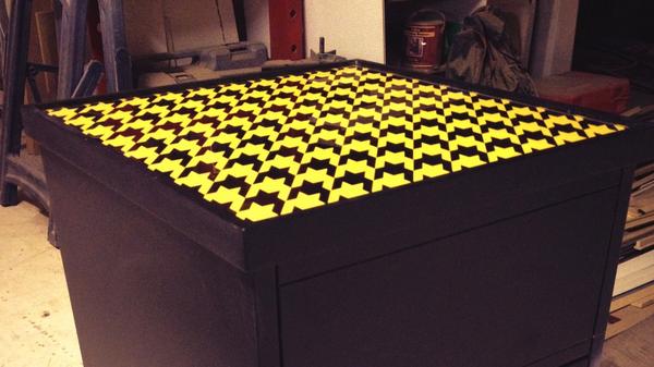 RichardJDesigns's tweet image. Working progress! Pair of bedside cabinets, yellow interior, push to open drawer, glass houndstooth top..