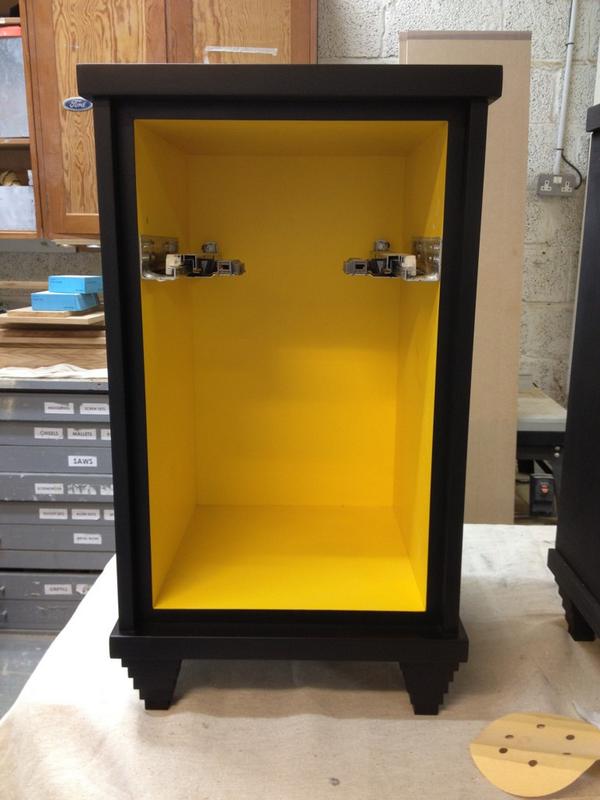 RichardJDesigns's tweet image. Working progress! Pair of bedside cabinets, yellow interior, push to open drawer, glass houndstooth top..