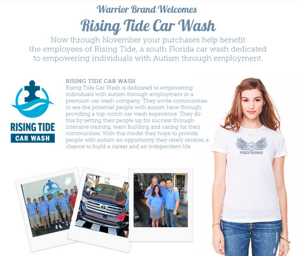 WarriorBrandTs's tweet photo. Now thru Nov, sales help benefit #autism #warriors at Rising Tide Car Wash. Check it out at http://t.co/ndgOYdasrL http://t.co/2YusEuIffd