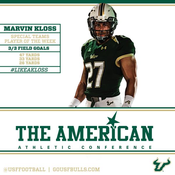 Congrats to Marvin Kloss named Special Teams Player of the Week by <a href="/American_FB/">American Football</a>: bit.ly/1pjdVdq #GoBulls