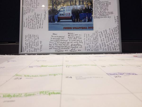 Put all of my <a href="/FerrisVball/">Ferris Volleyball</a> dates on my work calendar...which is right next to my gift from the girls last year!