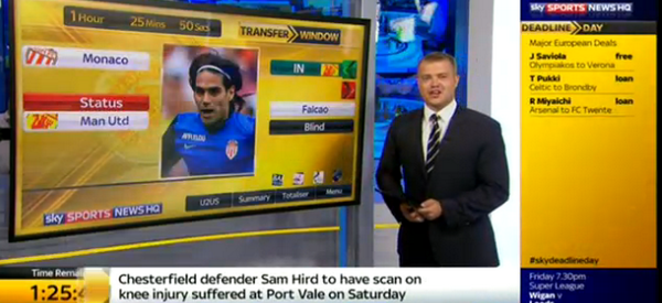 Just over an hour left for Man United to complete a deal for Falcao. Follow developments here: tsc.re/1umpzZP