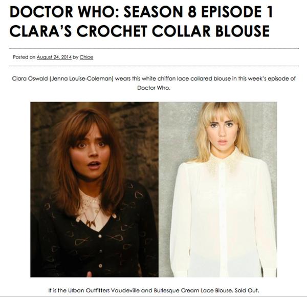 VABurlesque's tweet photo. Have you watched the new season's Dr. Who? Clara (Jenna Louise-Coleman) wears our crochet collar blouse again! http://t.co/DVSZCiz37F