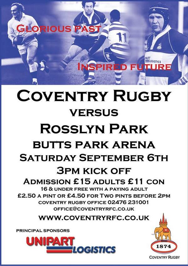 CoventryRugby's tweet photo. The countdown has begun! @CoventryRugby vs @rosslynpark this Saturday. See you all there! http://t.co/wfZnpFPVPM