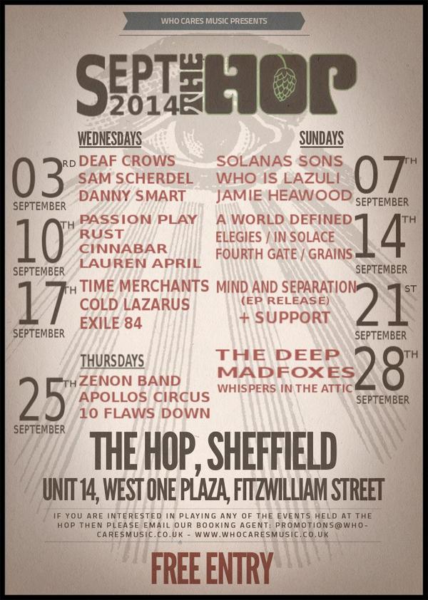 DeafCrows's tweet photo. We're Headlining @thehopsheffield courtesy of @WhoCaresMusic Wed 8pm. Supported by @Sam_Scherdel &amp; @dannysmartmusic http://t.co/8NxyHMrHNa