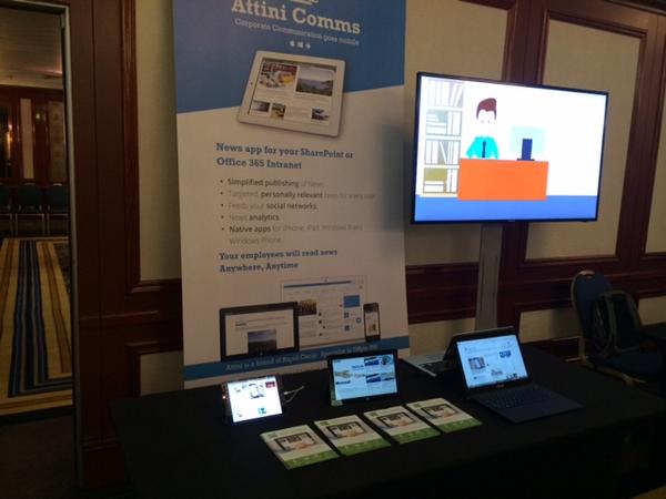AttiniSoft's tweet photo. #AttiniComms booth is ready. Inviting all passionate InternalComms folks for chat with @danmc @wturnhout #IntranetNow http://t.co/JBTmC0ED8U