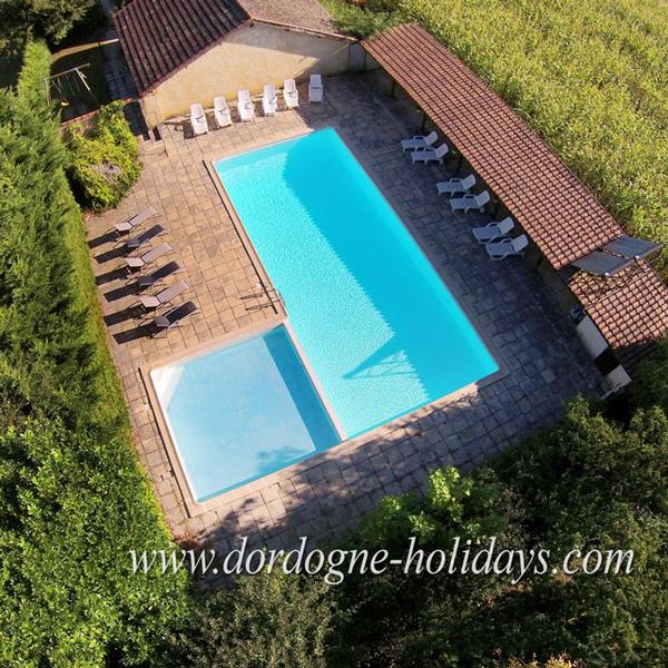 Aerial shot of the pool area in the September sunshine