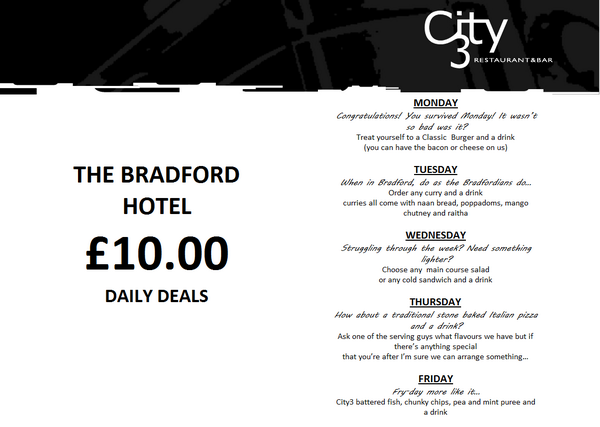 Check out of week day specials for just £10.00!!!
Why don't you pop in and give it ago
#Bradfordhotel