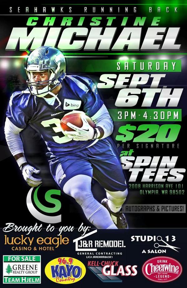 PNWSportsBabes's tweet photo. @SpinTees is doing it again! Come meet running back Christine Michael @Mrchamp_33 this Saturday September 6th 3-4:30. http://t.co/KSlpFpgbz5