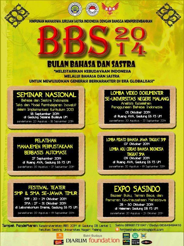 Bulan Bahasa dan Sastra | 8 acara menarik dan mendidik | 18 sept - 31 Okt 2014 | Fakultas Sastra UM

#BBS2014